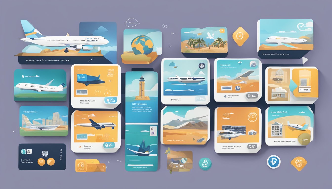 A stack of DBS cards with a krisflyer logo, surrounded by travel-related icons and symbols, with a conversion rate displayed prominently
