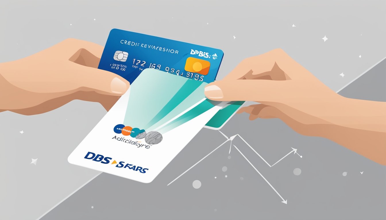 A hand holding a credit card with the logos of DBS and KrisFlyer, with an arrow pointing from "Additional Rewards and Partnerships" to "dbs points to krisflyer miles conversion rate singapore."