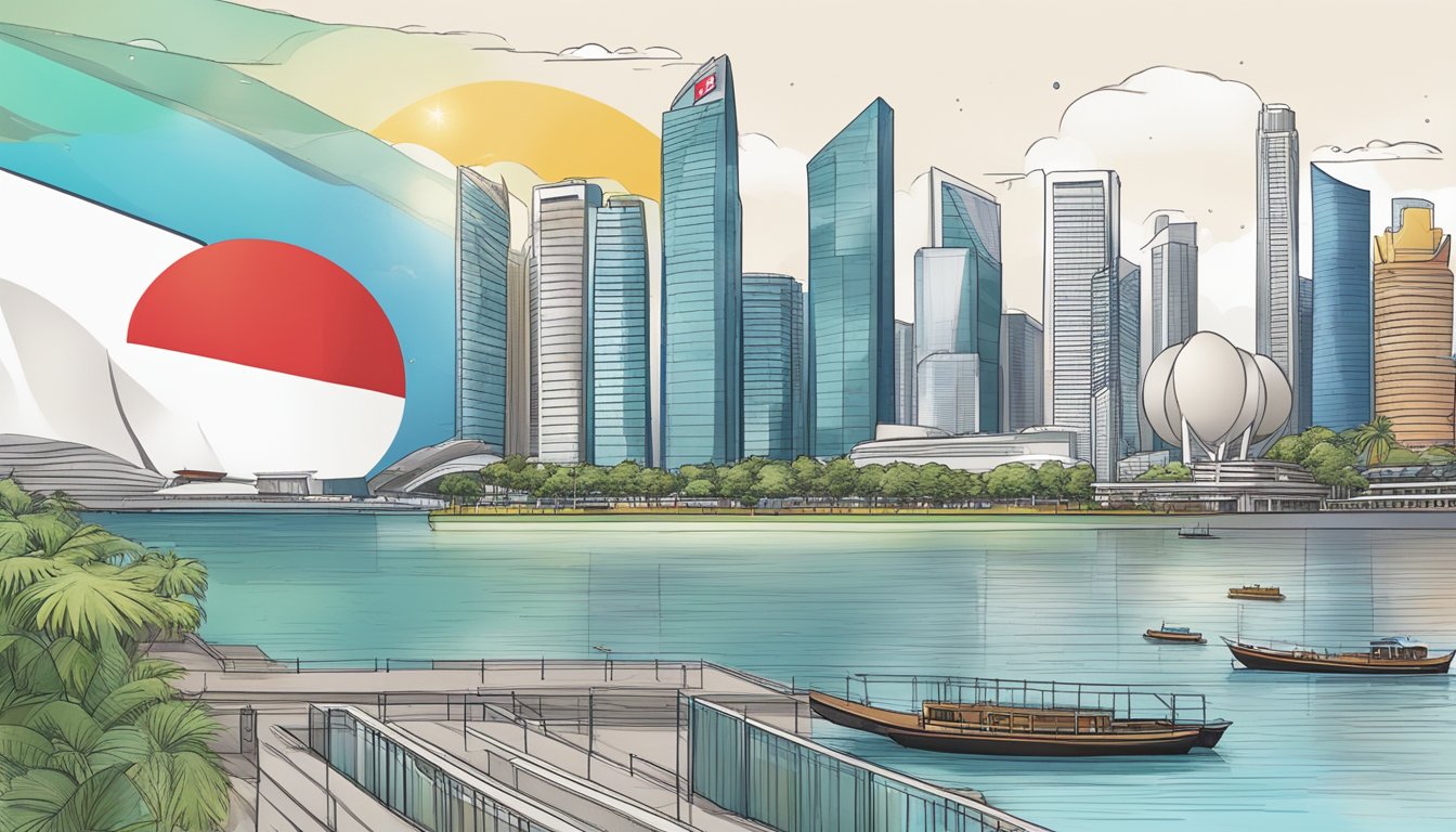 DBS logo points to Singapore skyline