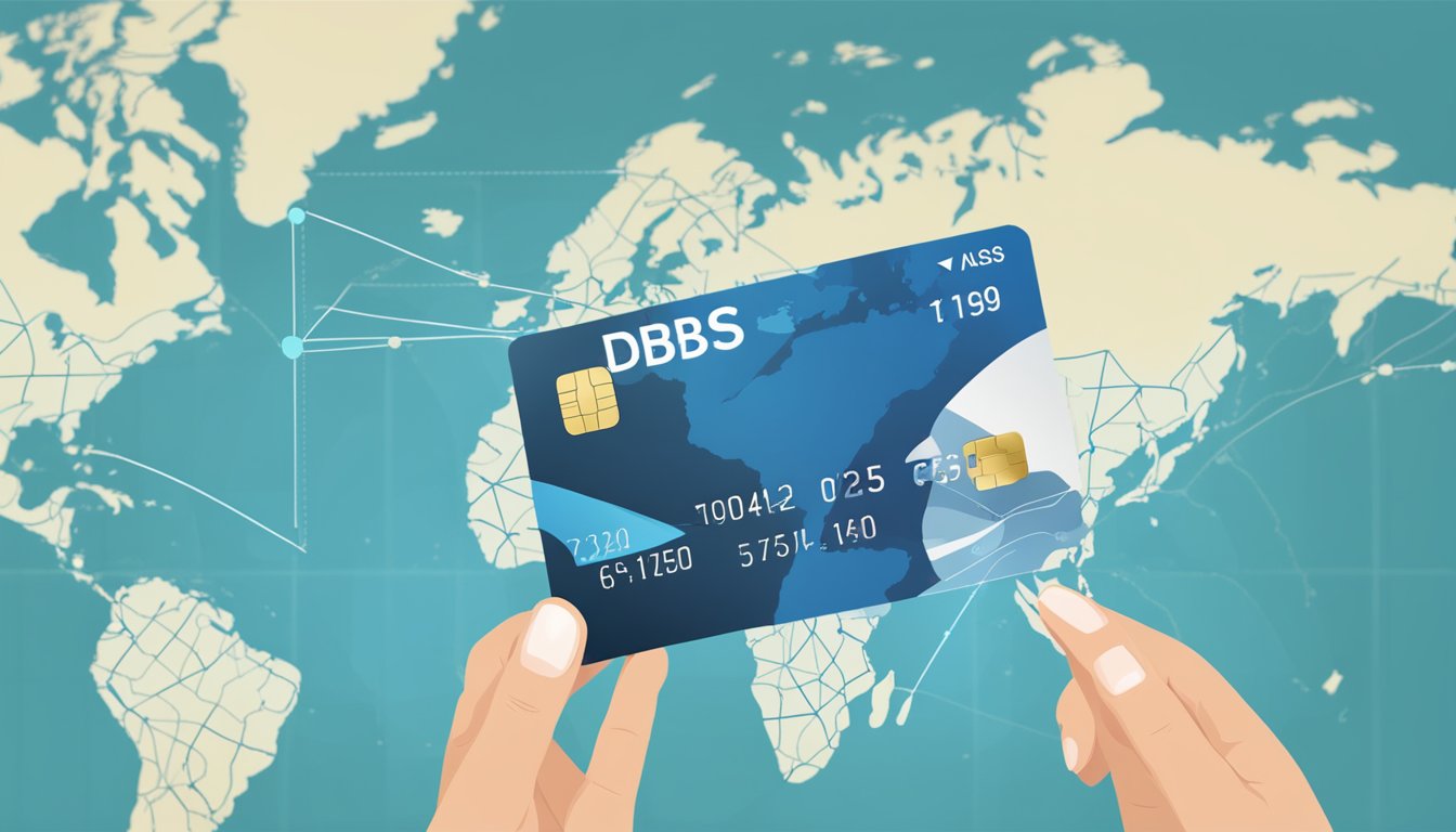 A hand holding a DBS credit card with points converting to miles on a digital screen. Miles symbolized by a plane flying over a world map