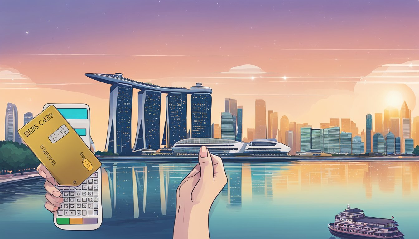 A hand holding a DBS credit card, with a calculator showing points converting to miles, against a backdrop of the Singapore skyline