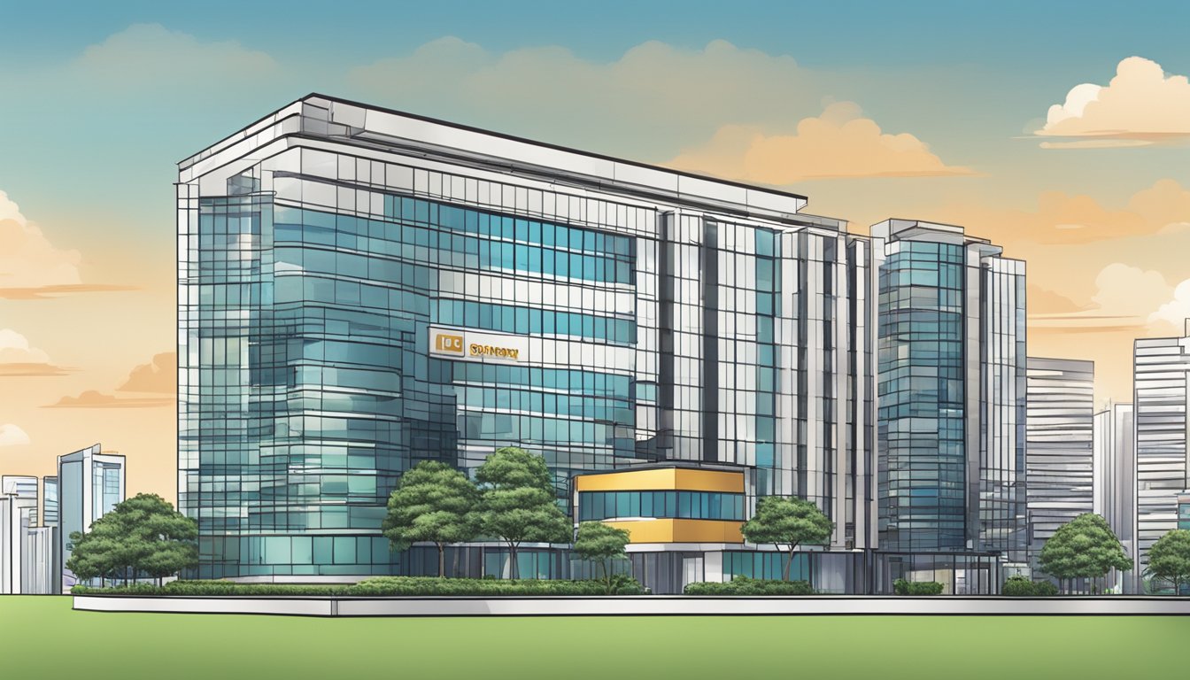 A modern office building in Singapore with a prominent "DBS Property Loan" sign displayed on the exterior