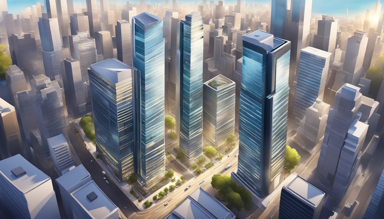 A modern office building with a DBS logo prominently displayed, surrounded by a bustling cityscape with skyscrapers and busy streets below