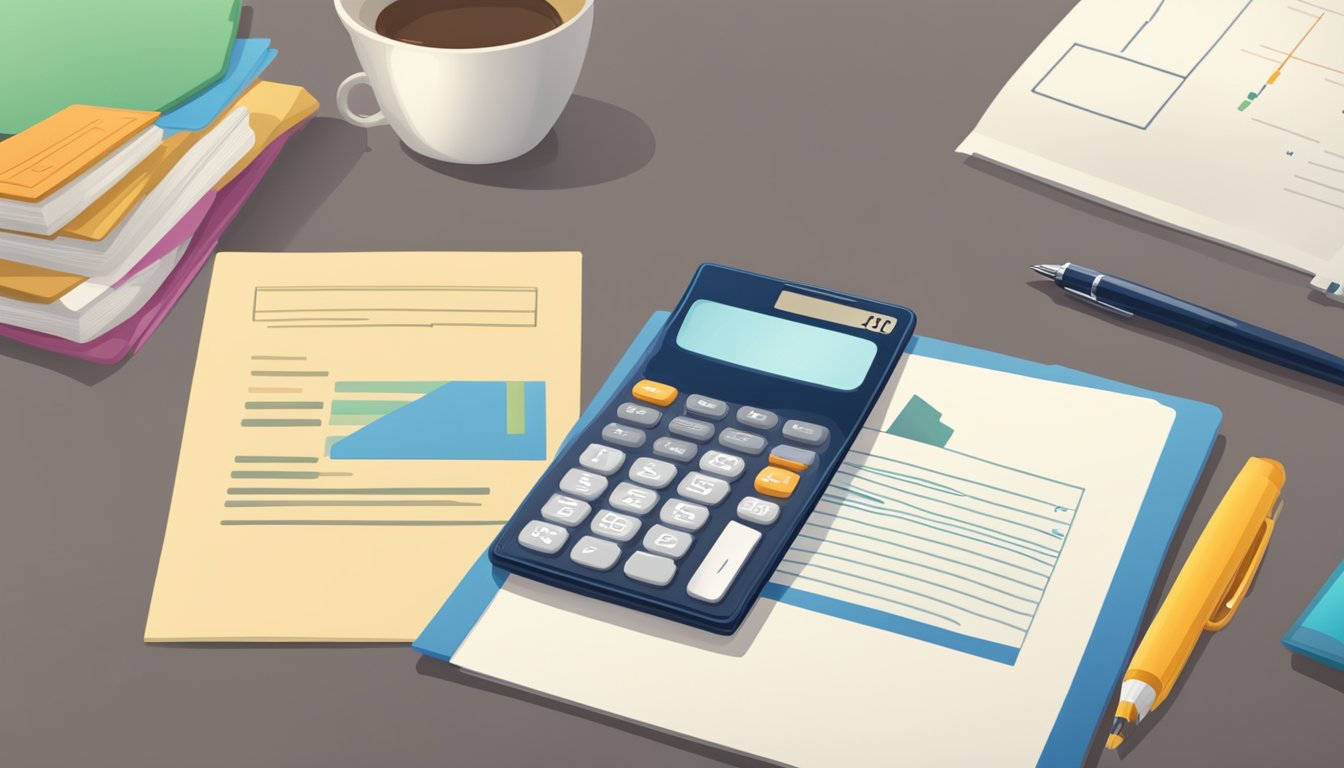 A stack of documents, a calculator, and a pen on a desk with a sign that reads "Eligibility and Requirements for DBS property loan Singapore."