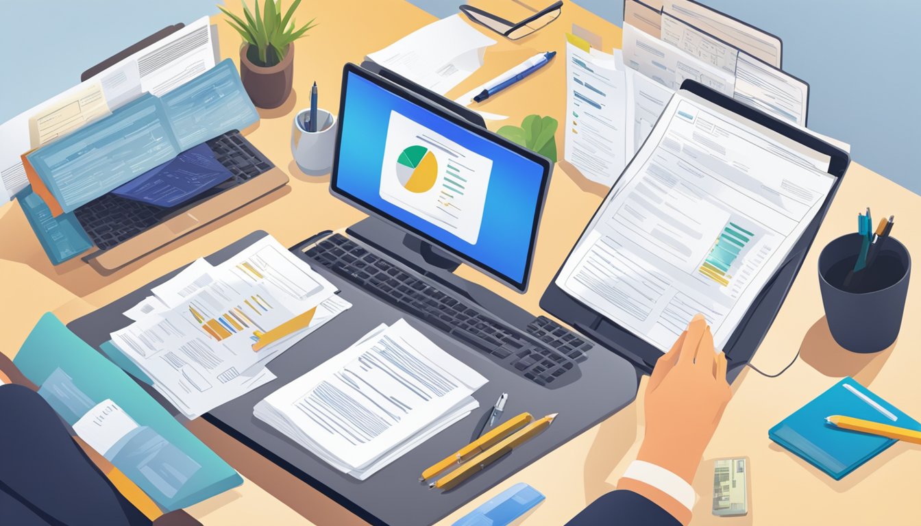 A person sitting at a desk, filling out paperwork with a pen. A computer screen displaying a loan application form. Documents and folders scattered around the desk