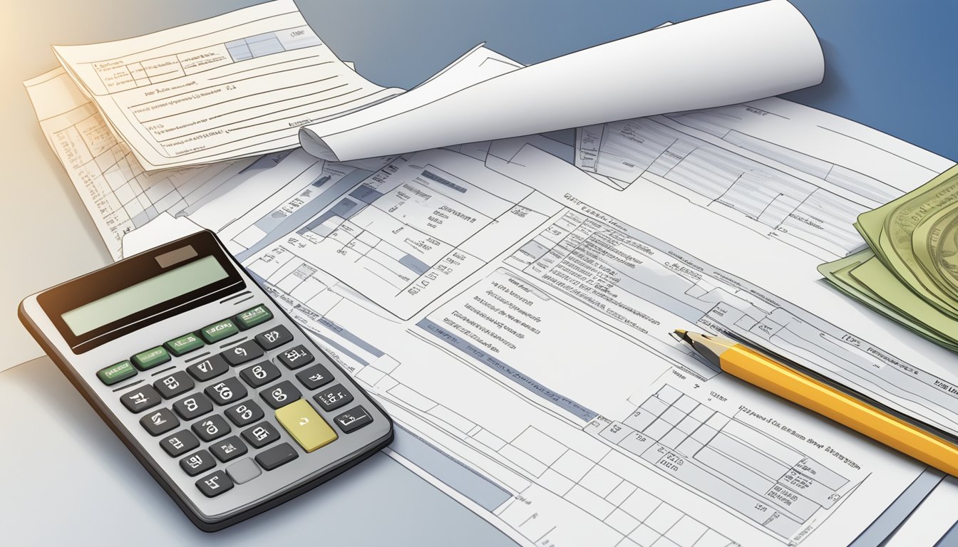 A table displaying a list of costs and fees associated with DBS property loans, with a calculator and documents scattered around