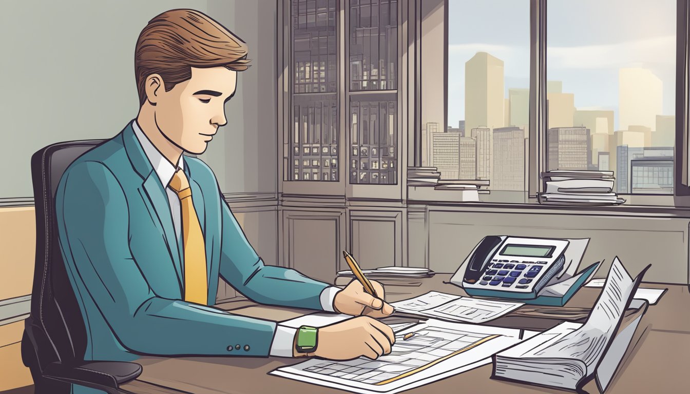 A person sits at a desk, reviewing documents labeled "Managing Your Property Loan" from DBS. A calculator and pen are nearby, indicating financial management