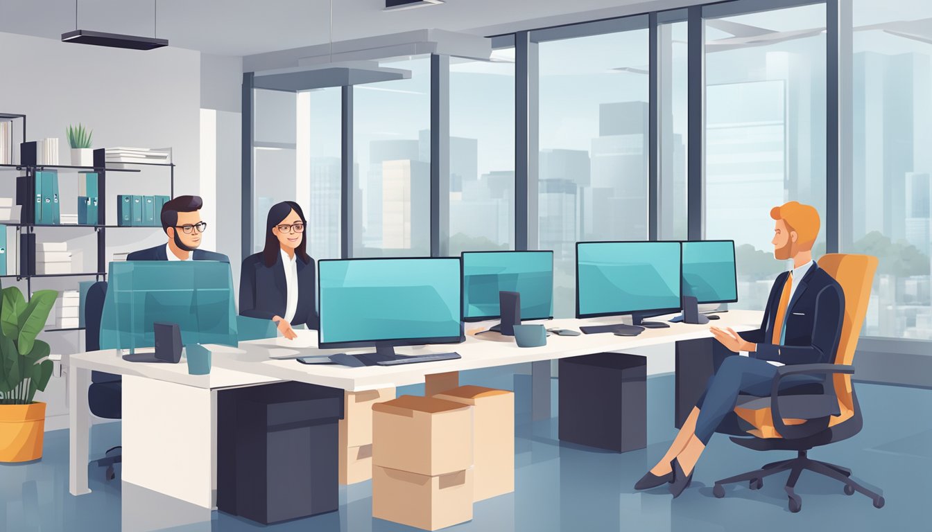 A customer service representative answers questions about DBS property loans in a modern office setting