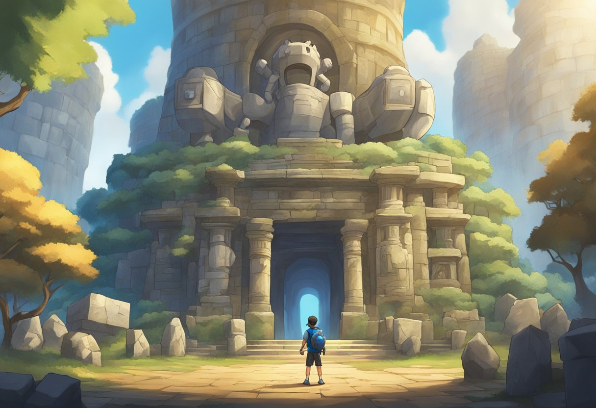 A trainer holds a special item while standing in front of a mysterious ancient ruin, surrounded by legendary Pok&eacute;mon statues