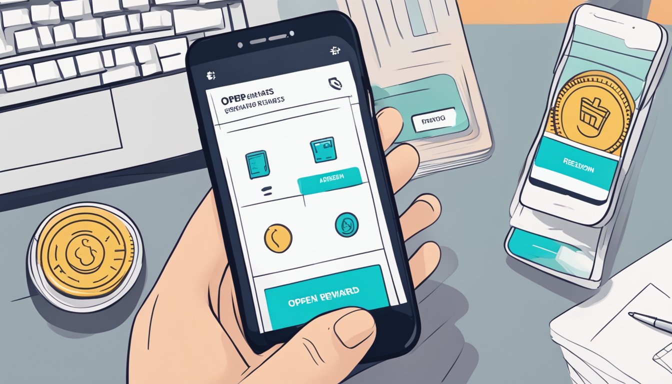 A hand holding a smartphone with the DBS app open, showing the "Redeem Rewards" section with various options and points balance
