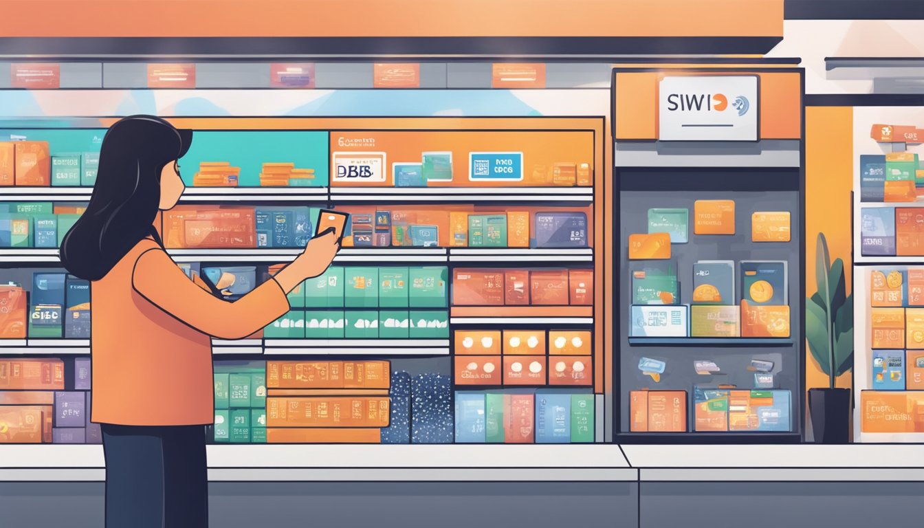 A person swiping a DBS credit card at a store, with a display of various rewards and points redemption options in the background