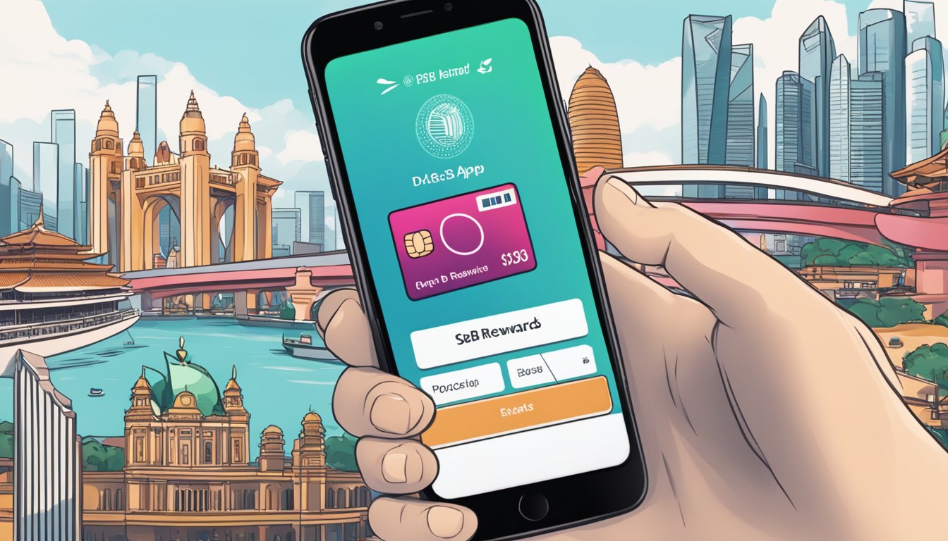 A hand holding a DBS Rewards card, with a smartphone displaying the DBS app open to the rewards section, against a backdrop of iconic Singapore landmarks