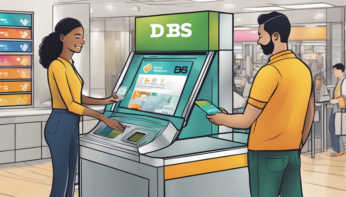 A person swiping a card at a rewards redemption kiosk, with the DBS logo prominently displayed and various rewards options showcased