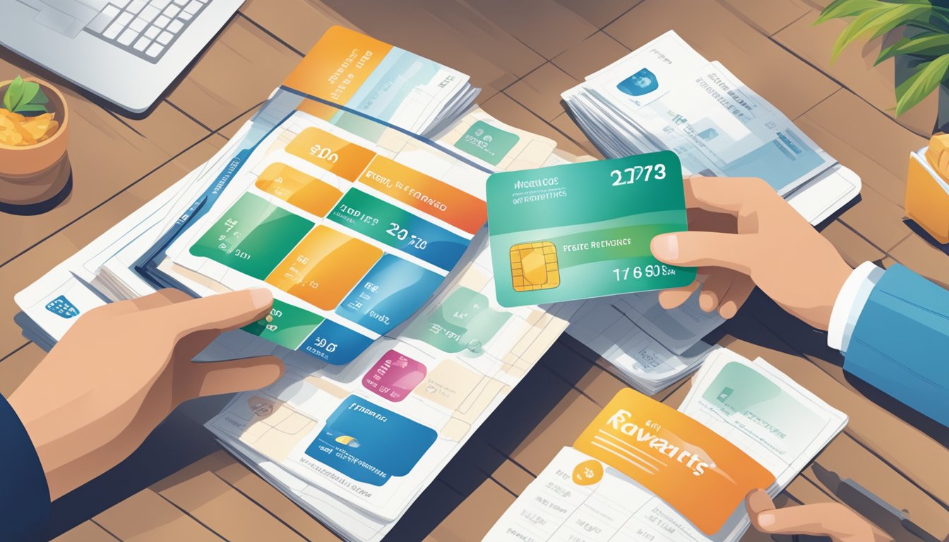 A hand holding a credit card hovers over a table with a brochure showing various rewards. A chart displays fee and limit information