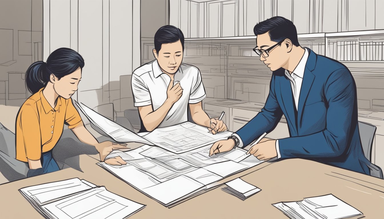 A couple discusses renovation plans at a Singapore bank, reviewing paperwork and discussing loan options. The bank representative explains the details of a renovation loan