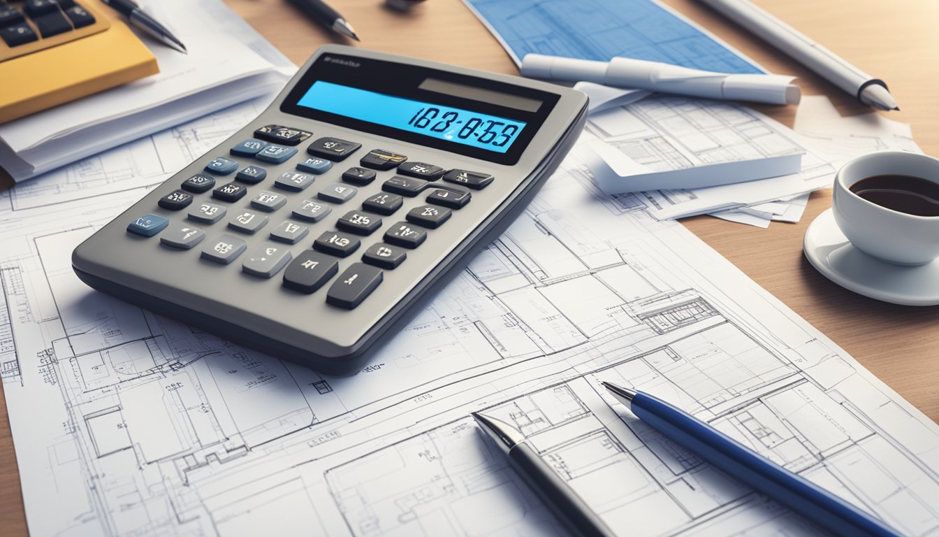 A calculator sits on a desk, surrounded by blueprints and renovation plans. The screen displays the amount borrowed and the interest rate for a DBS renovation loan in Singapore