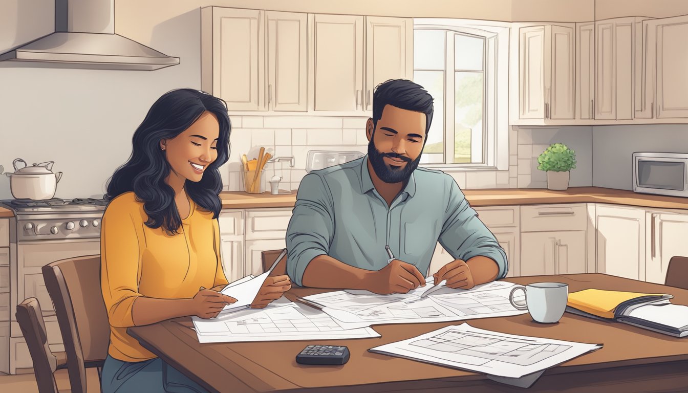 A couple discusses DBS renovation loan options at a cozy home, with a calculator and paperwork on the table