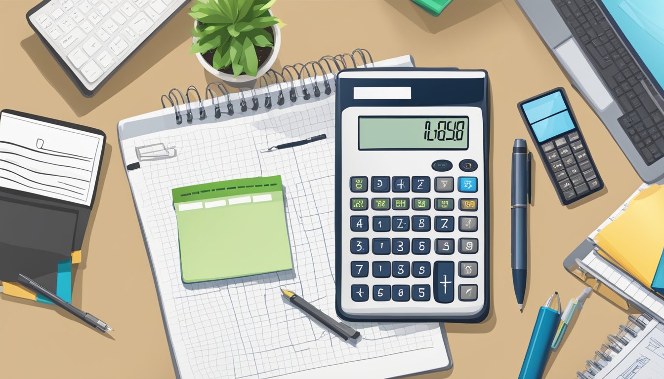 A calculator sits on a desk, with a laptop open to a loan calculator website. A pen and notepad are nearby, ready for note-taking