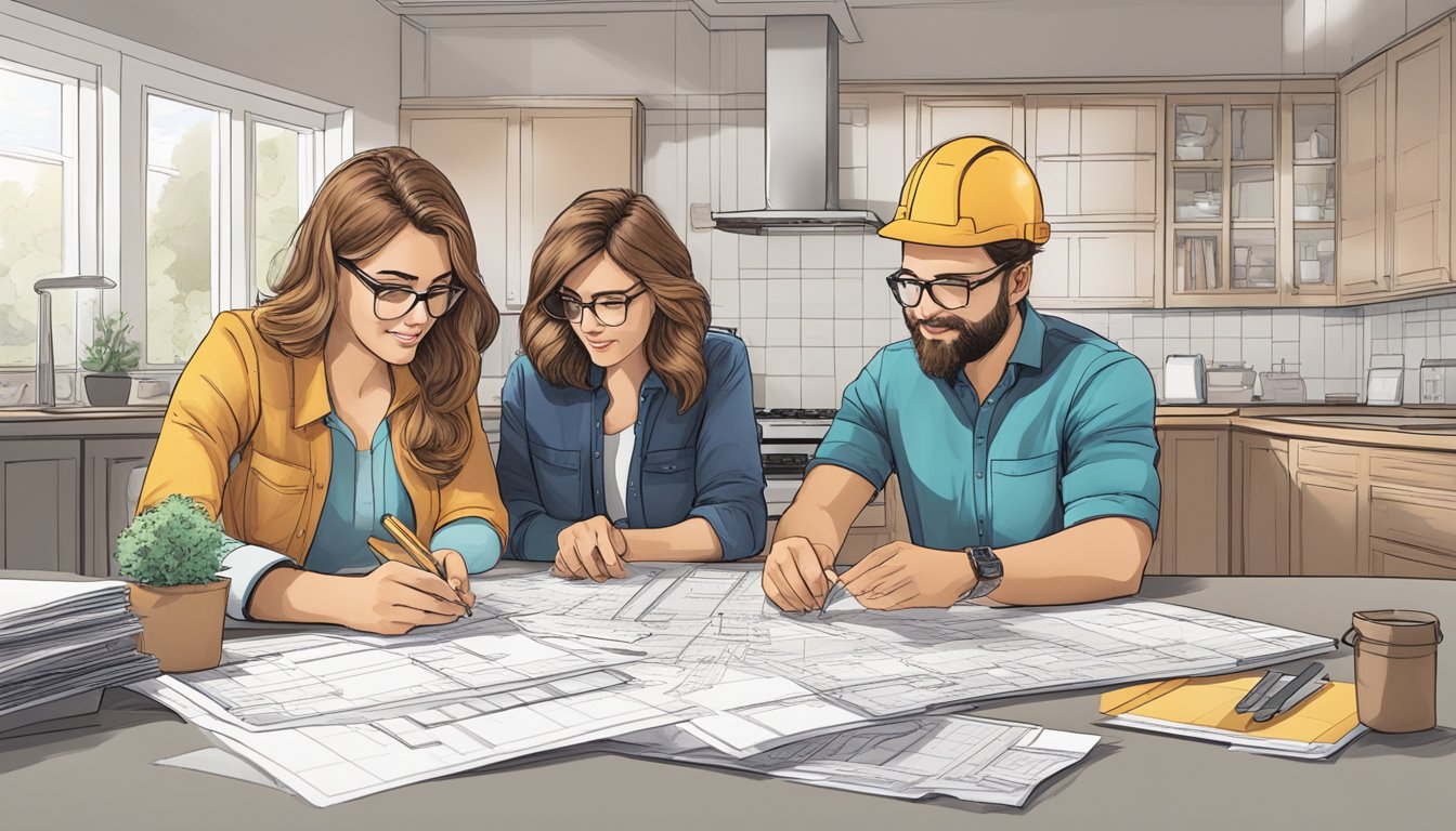 A couple sits at a table, reviewing renovation plans and using a calculator to estimate costs. Blueprints and design magazines are scattered around them