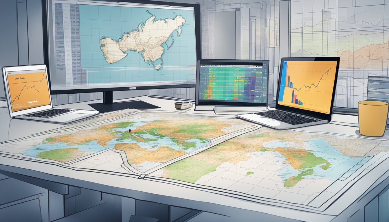 A table with financial data and charts, a computer screen displaying interest rates, and a map of Singapore in the background