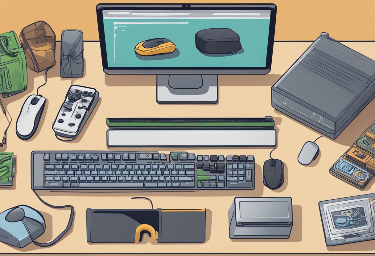 A computer mouse sits on a desk, surrounded by various video game cases. A ruler is placed next to the mouse, indicating a measurement being taken