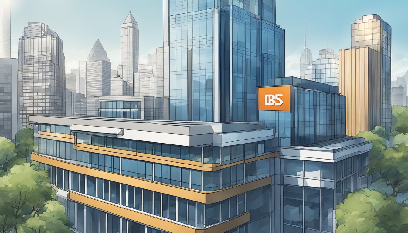 A modern bank building with a prominent DBS logo, surrounded by a bustling cityscape and a clear blue sky