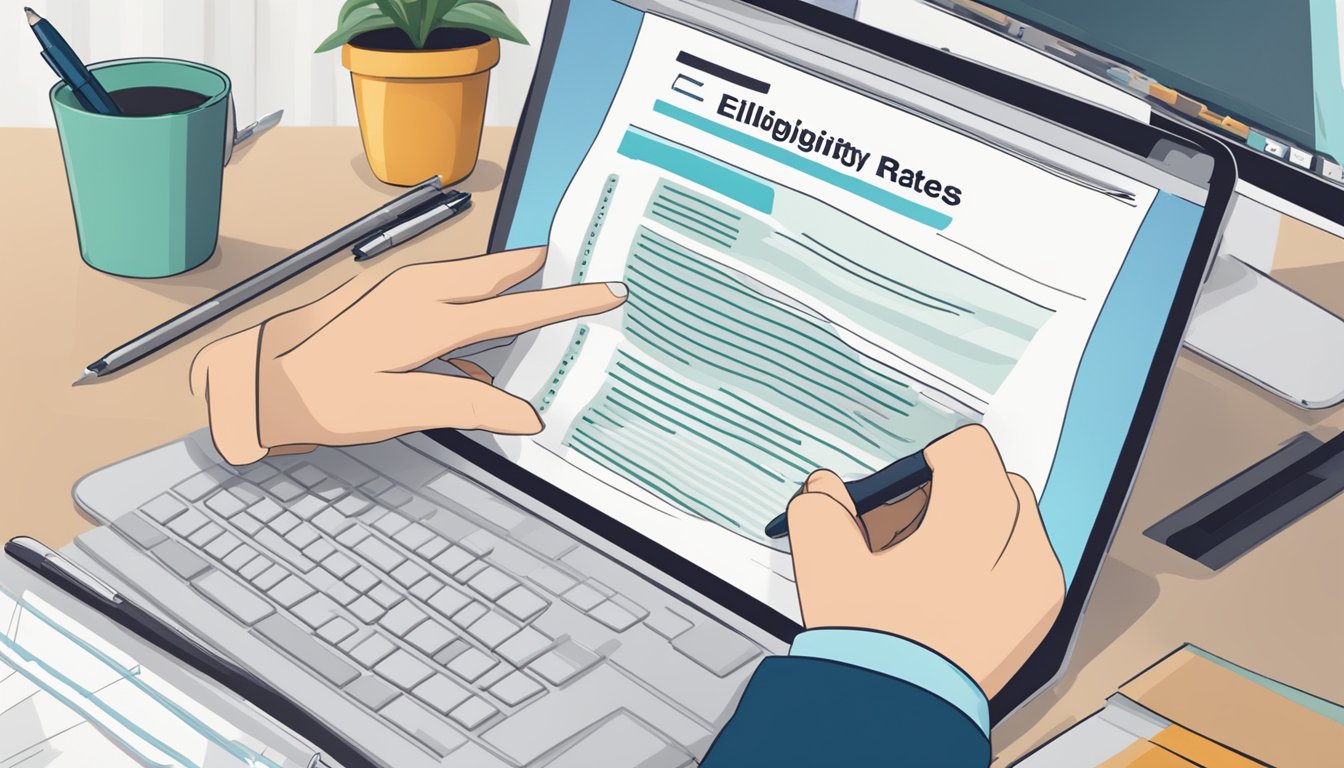A hand holding a pen fills out a form with the title "Eligibility and Application Process dbs repricing rates singapore" at a desk with a computer and paperwork