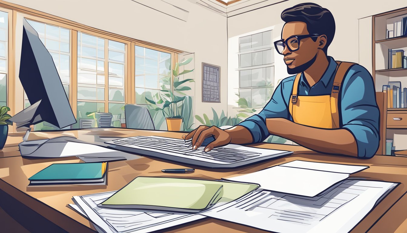 A homeowner sits at a desk, reviewing mortgage rates and financial documents. Charts and graphs are spread out, indicating strategic planning