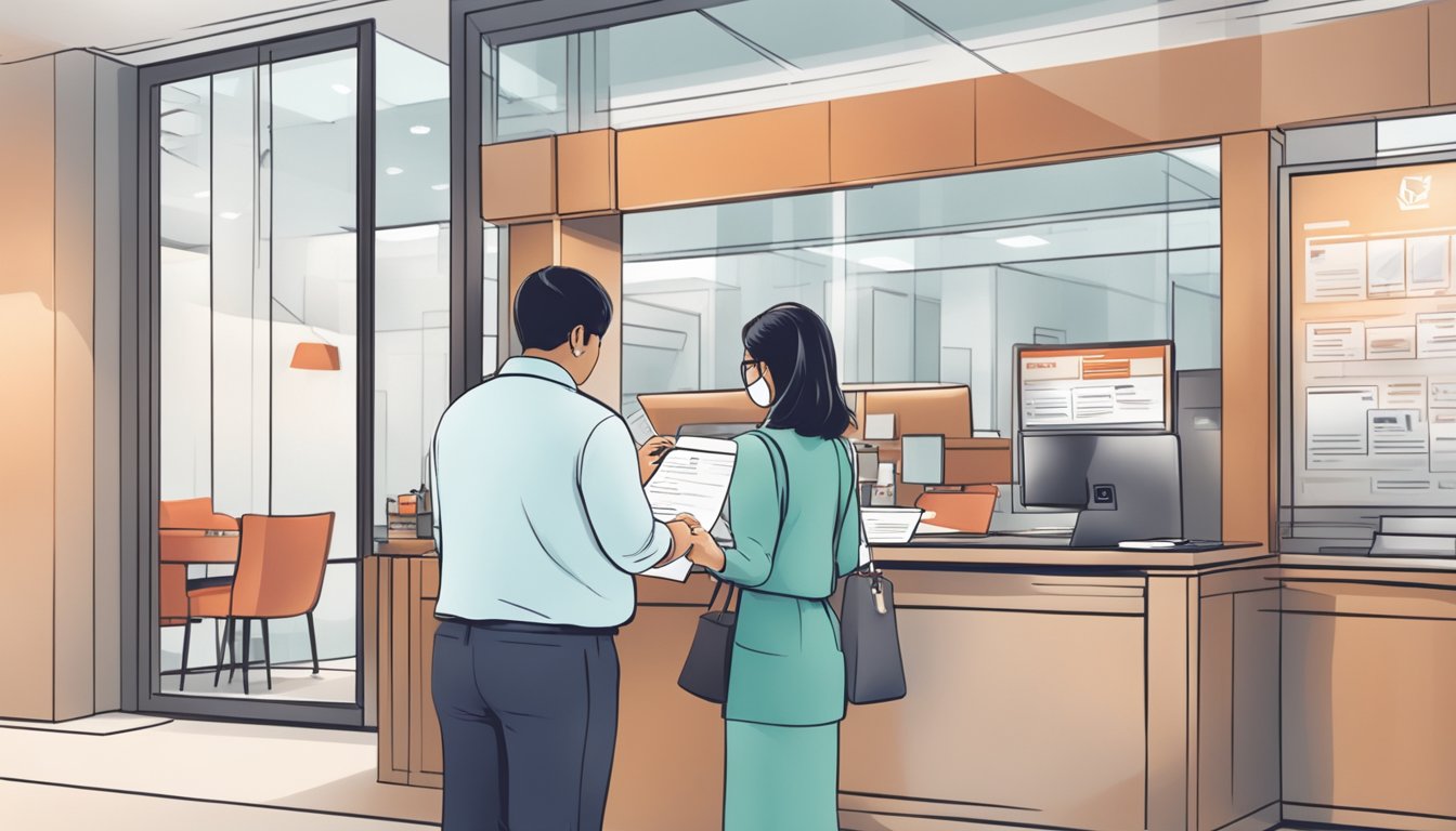 A person submitting a request form for a fee waiver at a DBS bank branch in Singapore