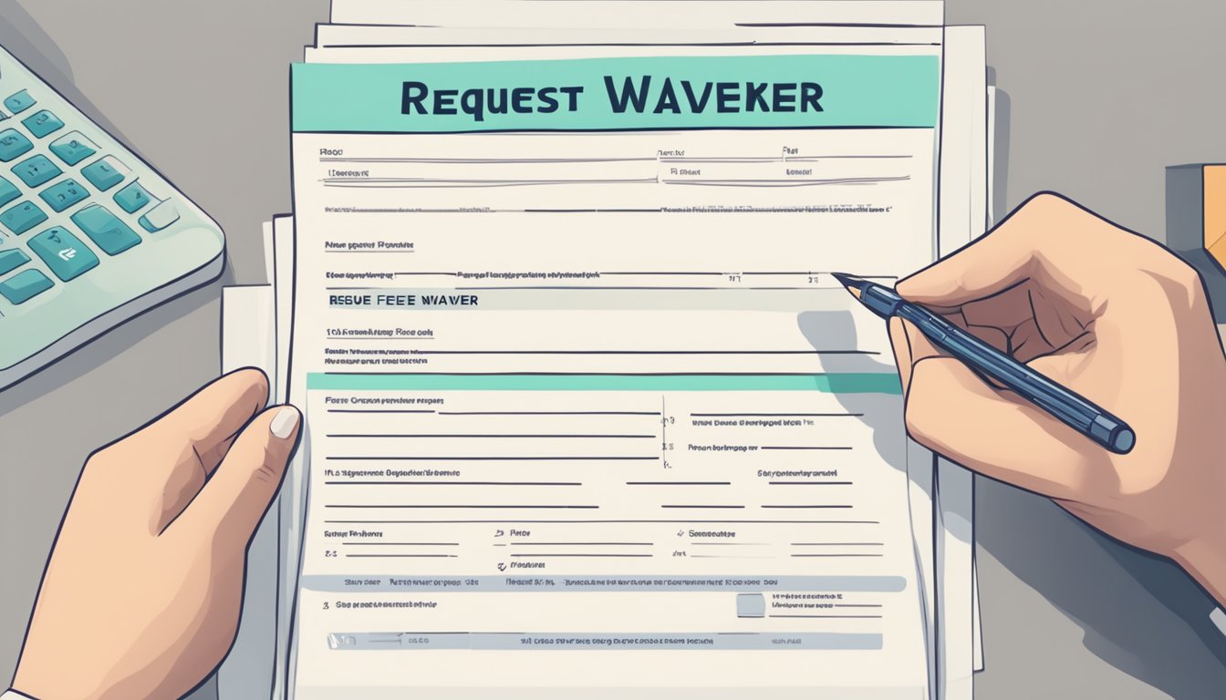 A person filling out a form with "Request DBS Fee Waiver" and "Singapore" written on it