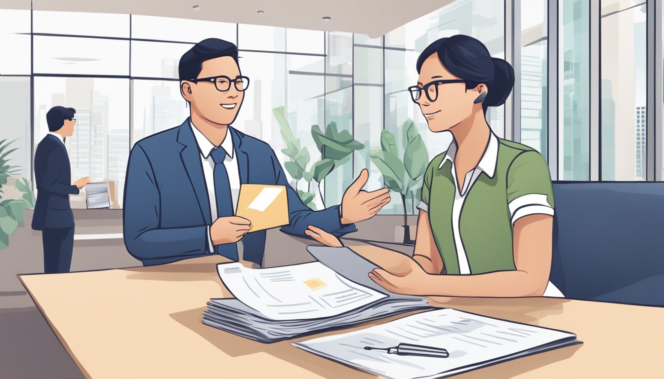 A person holding a sign that says "Preventive Measures Against Unwanted Fees" while talking to a bank representative about requesting a fee waiver in Singapore