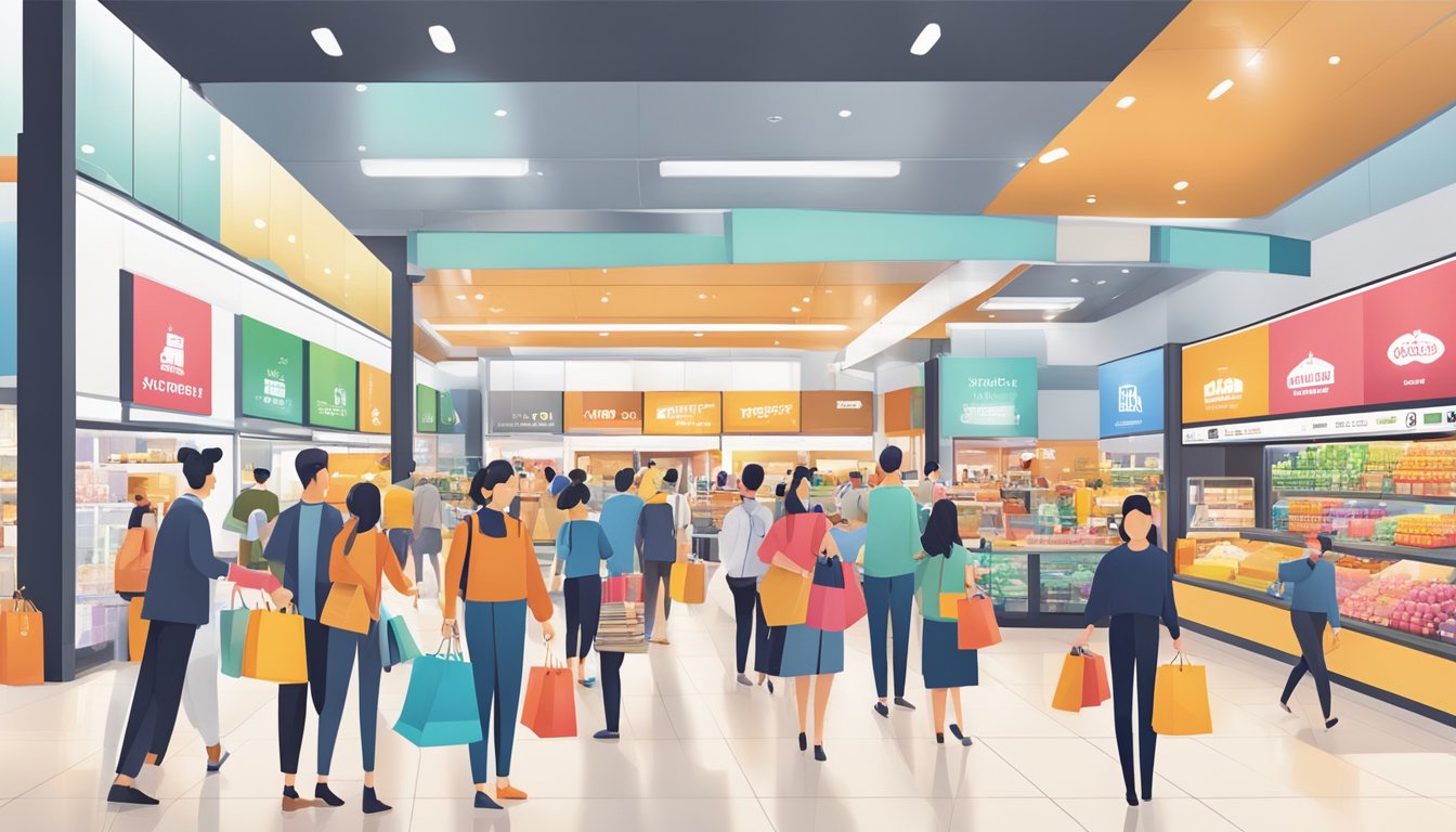 Customers redeeming dbs rewards at a bustling shopping mall with various options
