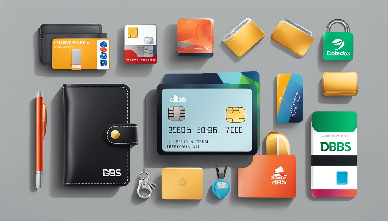 A sleek DBS credit card surrounded by essential items like a wallet, smartphone, and keys, with the iconic DBS rewards logo in the background