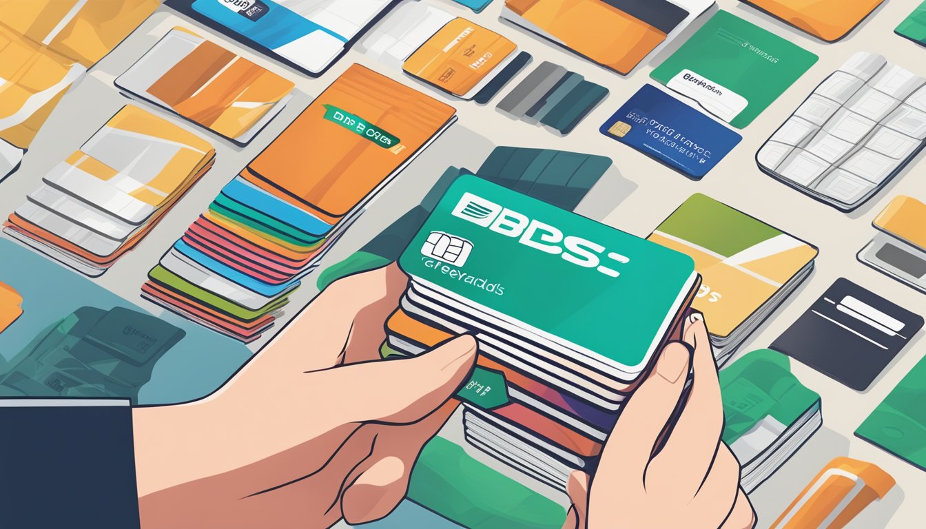 A stack of DBS rewards catalogues with various items and point values displayed. A hand holding a DBS credit card ready to redeem points