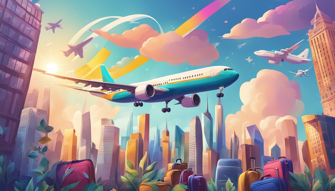 A vibrant city skyline with a plane flying overhead, surrounded by symbols of travel and luxury, such as luggage, passports, and a shining rewards card