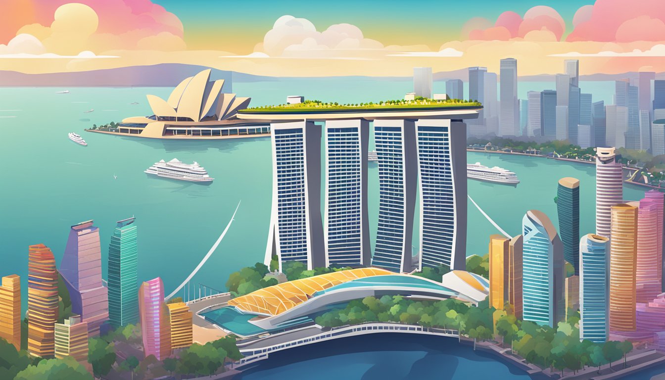 A colorful Singaporean skyline with the iconic Marina Bay Sands in the background, and a pile of rewards points in the foreground