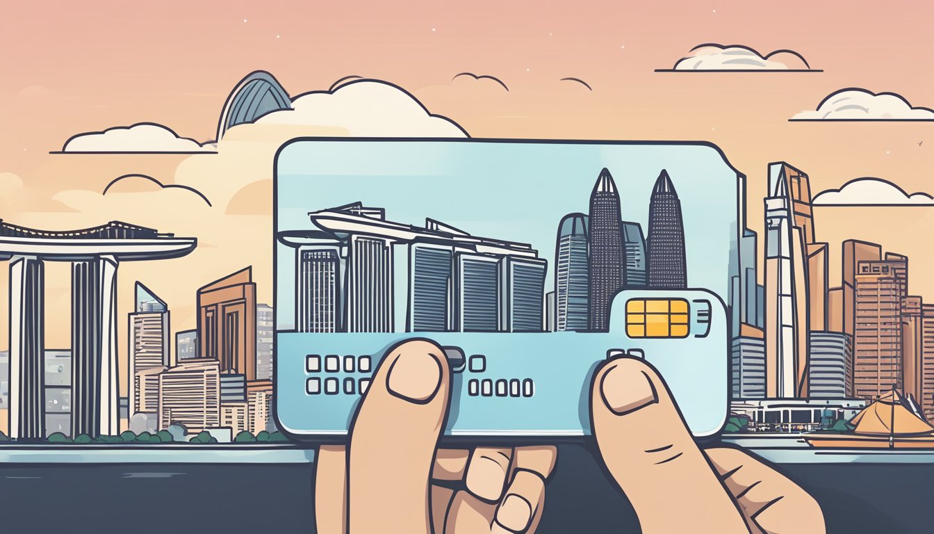 A hand holding a DBS credit card with rewards points displayed, with iconic Singapore landmarks in the background