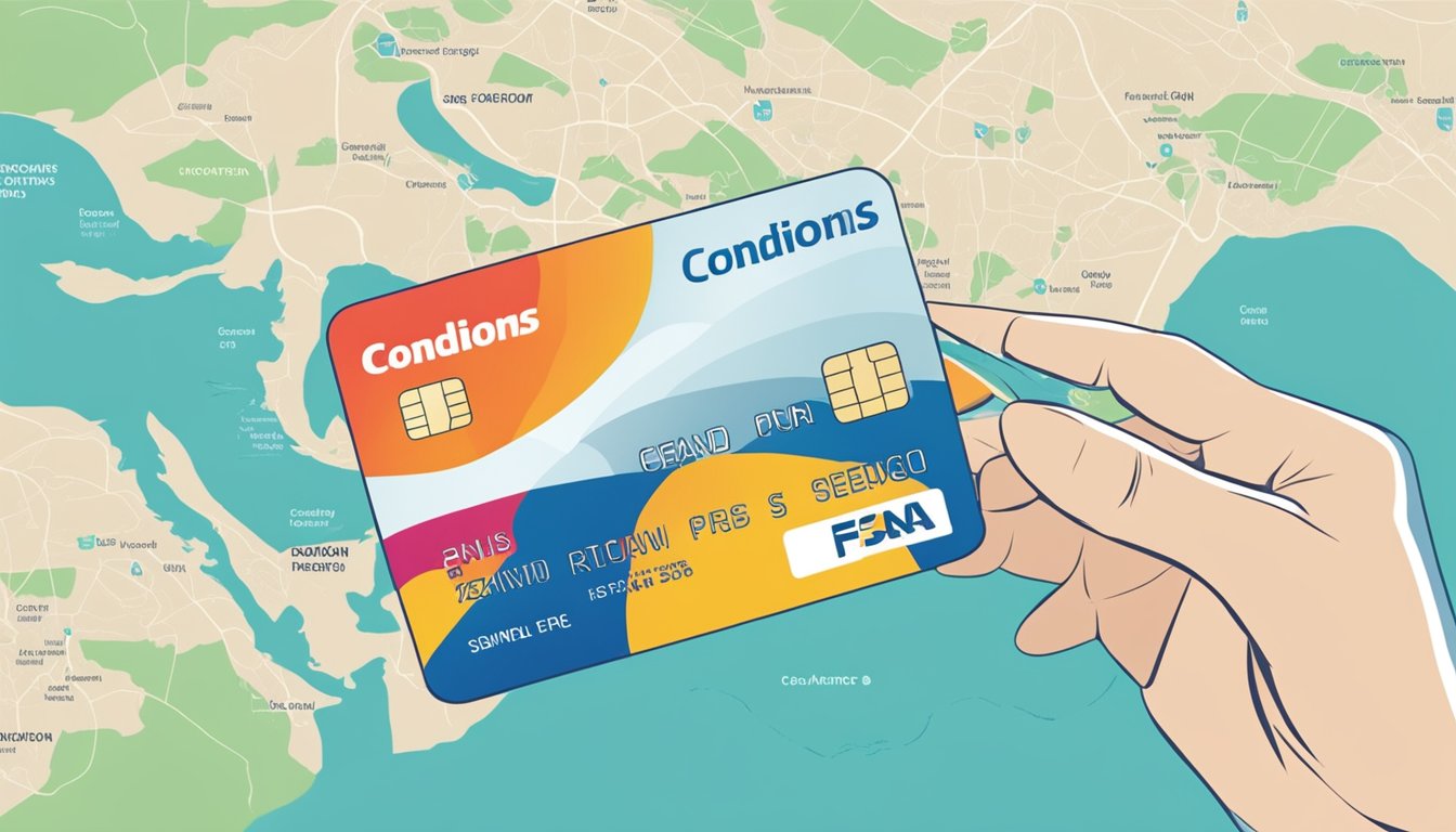 A hand holding a credit card with "Terms and Conditions" text, while a rewards points logo and "Singapore" map are displayed in the background