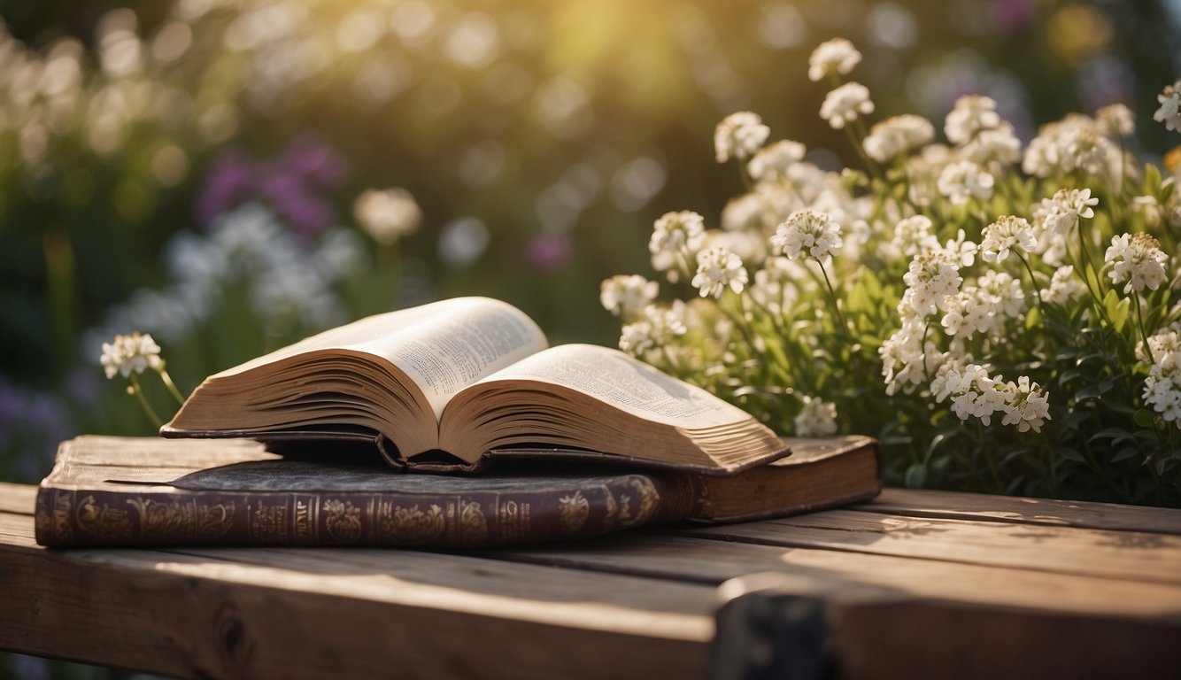 A serene garden with an open Bible on a wooden bench, surrounded by blooming flowers and a gentle breeze