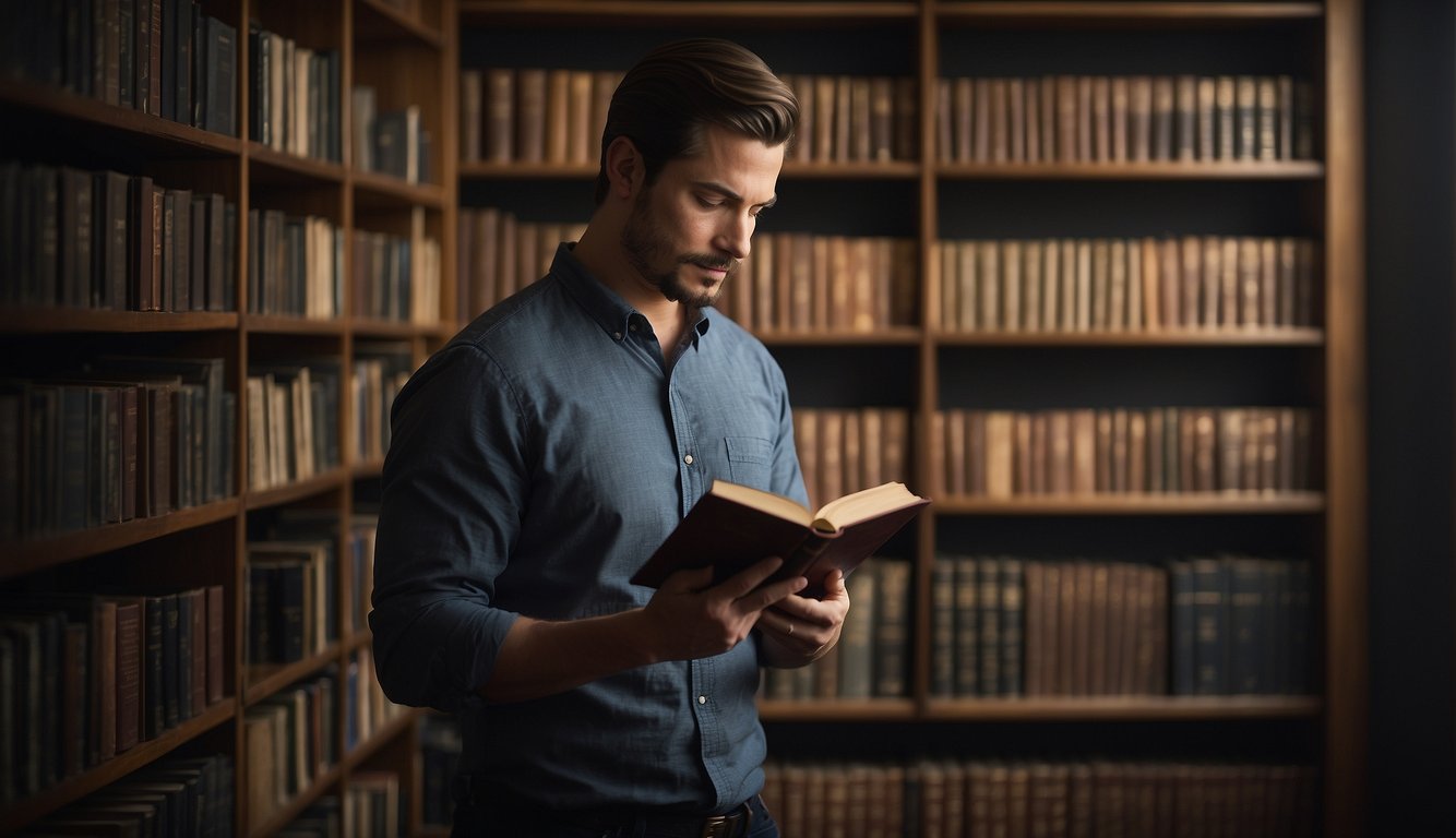 A person stands in front of a bookshelf, carefully selecting a Bible. The shelves are filled with various translations, and the person is deep in thought, trying to choose the best one for a new believer