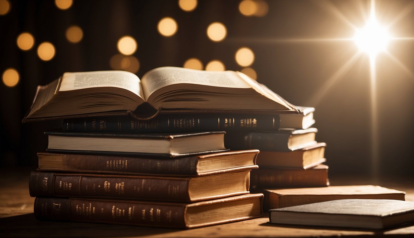 A stack of books with "The Bible's Structure" on top, surrounded by light, with a spotlight on it