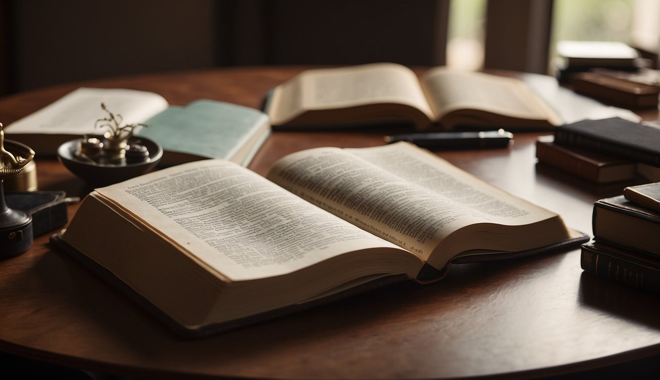 A person sitting at a table with an open Bible, surrounded by various study materials and a notebook, carefully planning their reading schedule