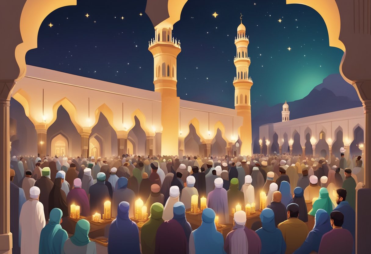 The night of Shab e Barat in Oman 2024 is depicted with colorful lanterns, flickering candles, and people gathered in prayer at the mosque