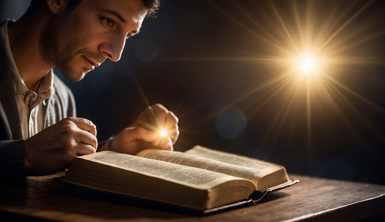 A person holding a Bible with a spotlight shining on the Gospels, surrounded by symbols of faith and spirituality