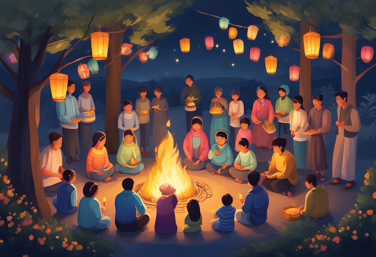 People gather around bonfires, lighting candles and reciting prayers. Colorful lanterns hang from trees, and traditional sweets are shared among families