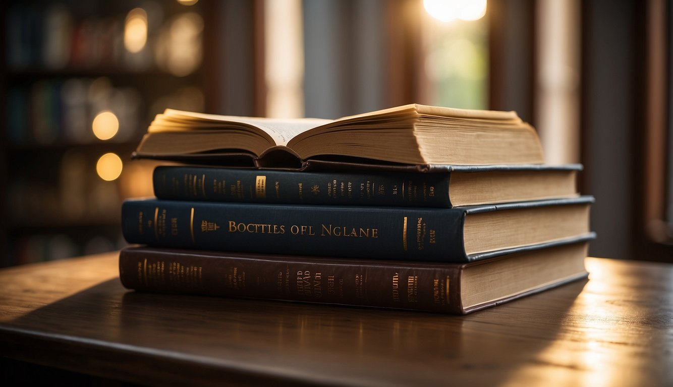 A stack of open books with "The Epistles and Practical Living" prominently displayed. Rays of light shining down on the book