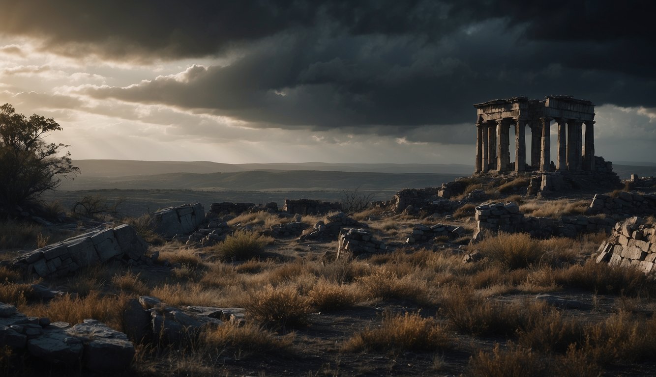 A desolate landscape with crumbling ruins, overgrown with twisted vegetation. A dark, foreboding sky looms overhead, casting an eerie glow on the apocalyptic scene