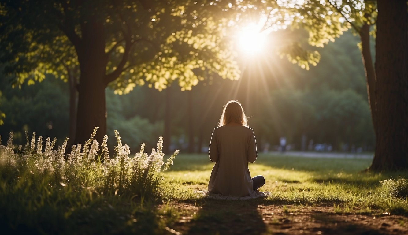 A serene figure kneels in a peaceful garden, hands clasped in prayer. Rays of sunlight filter through the trees as birds sing in the background, creating a tranquil atmosphere for worship