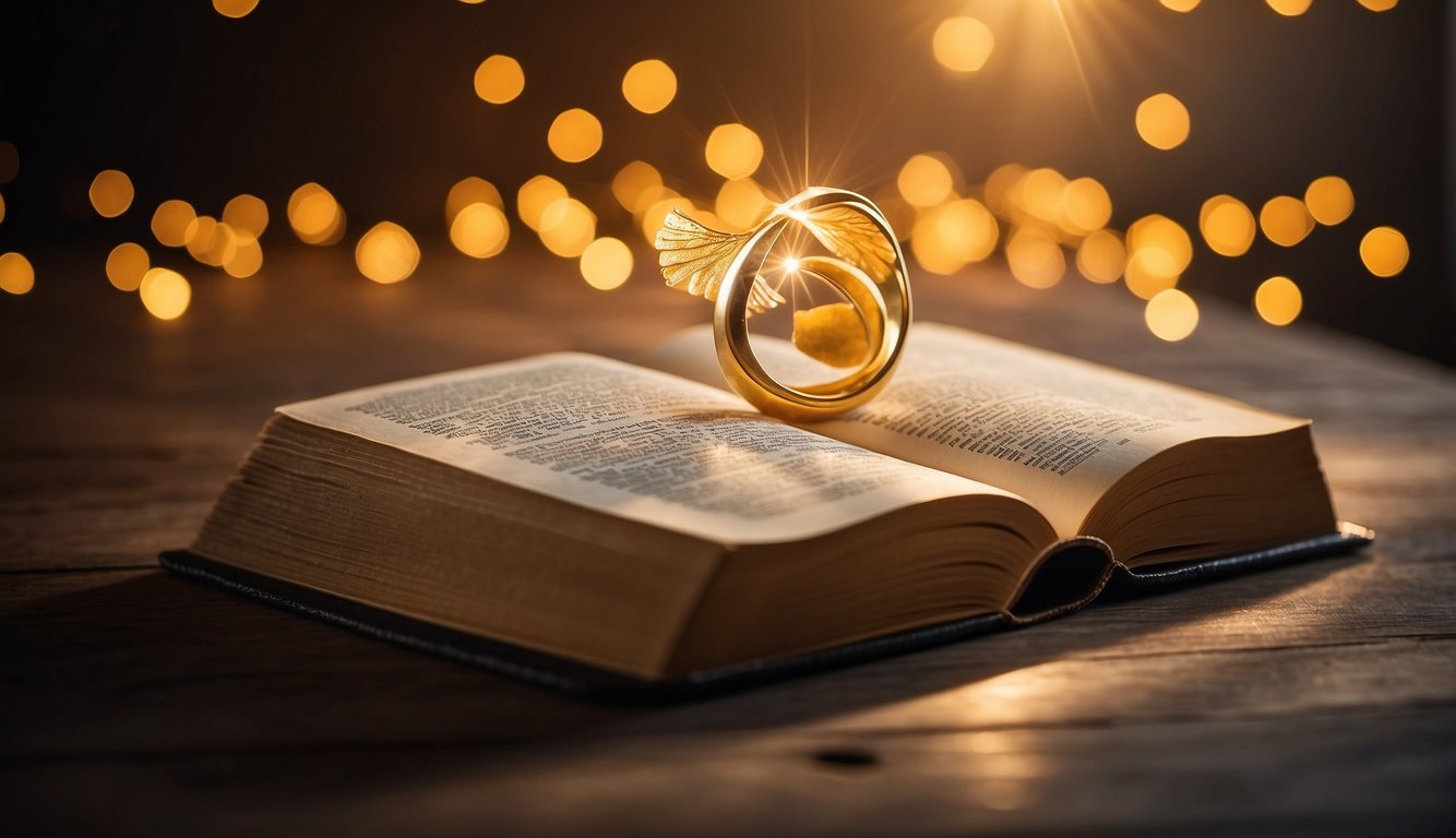 A glowing book with a golden halo, surrounded by beams of light and a peaceful aura