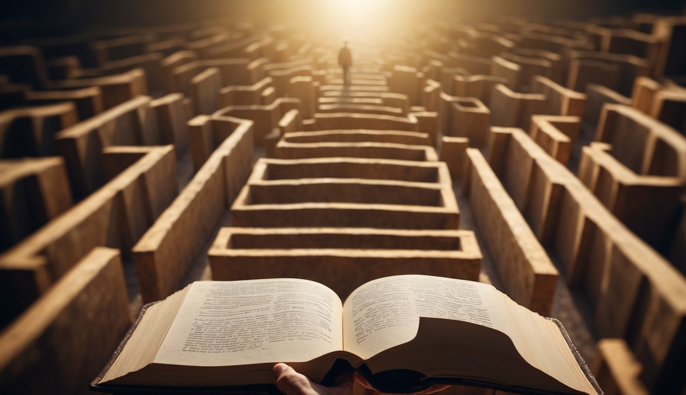 A person walking through a maze of questions and challenges, with a book titled "Best Book of the Bible to Start With for New Believers" in hand